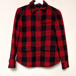 J. CREW RED BLACK BUFFALO PLAID FLEECE LINED WOOL BUTTON UP JACKET COAT